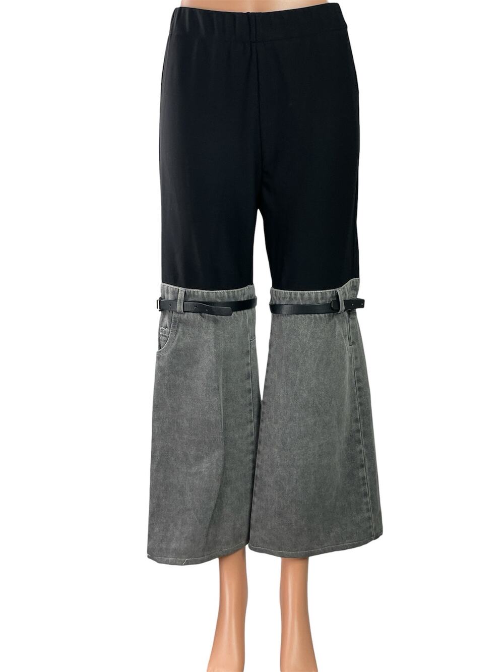 Women's Black Gray Belted Color Block High Rise Wide Leg Denim Trousers Pants XS